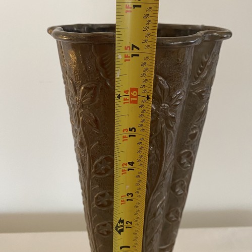VTG Large Embossed Brass Vase Antique Enamel Finish 17” Tall Floral Relief India - Picture 8 of 11