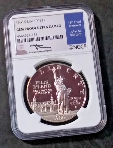 1986-S Liberty Silver Dollar NGC Gem Proof Ultra Cameo 1Signed Mercanti  (827)
