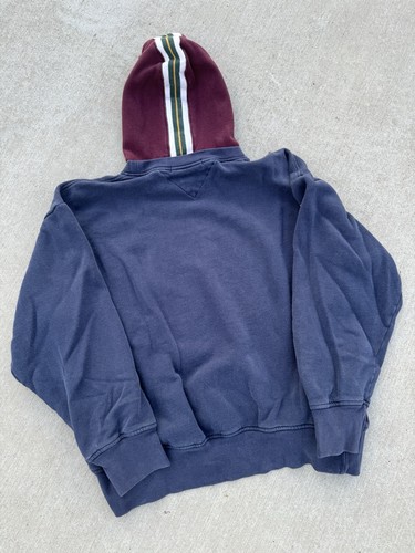 Vintage Tommy Hilfiger Navy Red Pullover Hoodie Double Layer Crew Neck 2XL - Picture 10 of 13