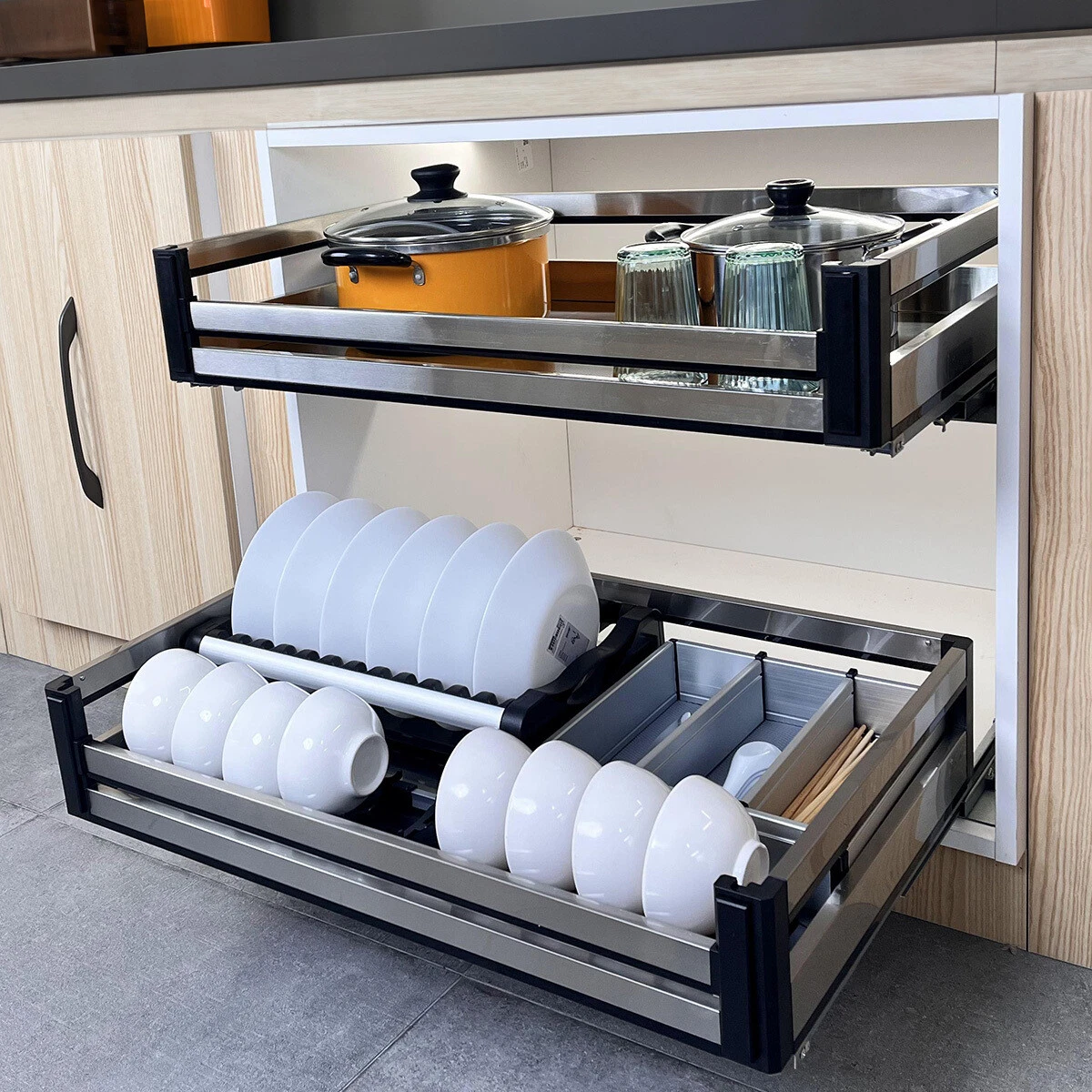 Kitchen Cabinet Cupboard Drawer Pull Out Shelf Dishware Storage