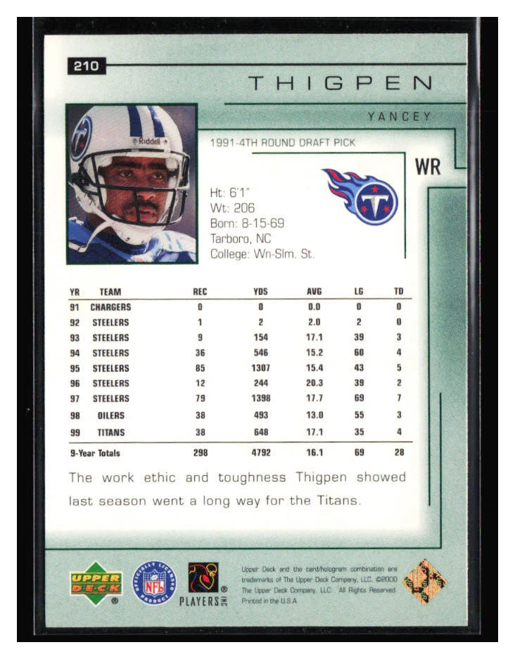 2000 Upper Deck Encore #210 Yancey Thigpen - Image 2 of 2
