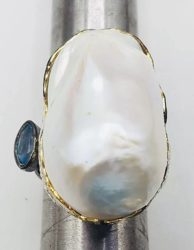 Anillo ajustable Toi et Moi plata de ley y oro barroco perla y topacio azul Foto 4 de 4