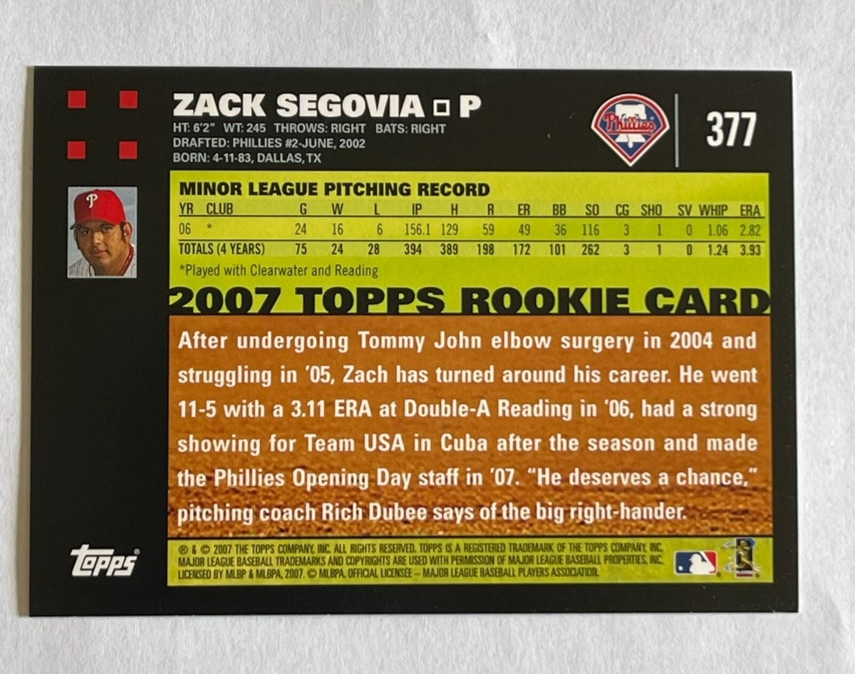 2007 TOPPS ZACK SEGOVIA #377 ROOKIE PITCHER PHILADELPHIA PHILLIES