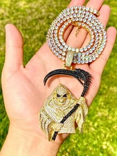 Men 14k Gold F Stamp Tennis Chain Santa Muerte Pendant Death Reaper Charm