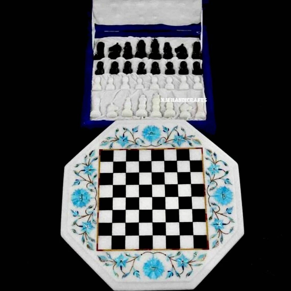 White Marble Chess Set, Turquoise Stone Inlay Chess Board, Vintage Game Board - Image 3 of 4