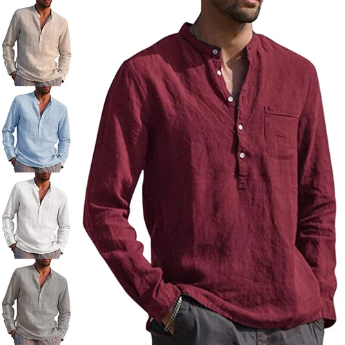 T-shirt uomo manica lunga cotone lino casual tinta unita bottoni scollo a V - Foto 2 di 25