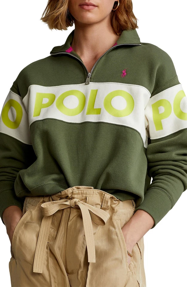 Polo Ralph Lauren 276671 Quarter-Zip Logo Tape Sweatshirt in Army Olive,  XS - Image 4 of 4