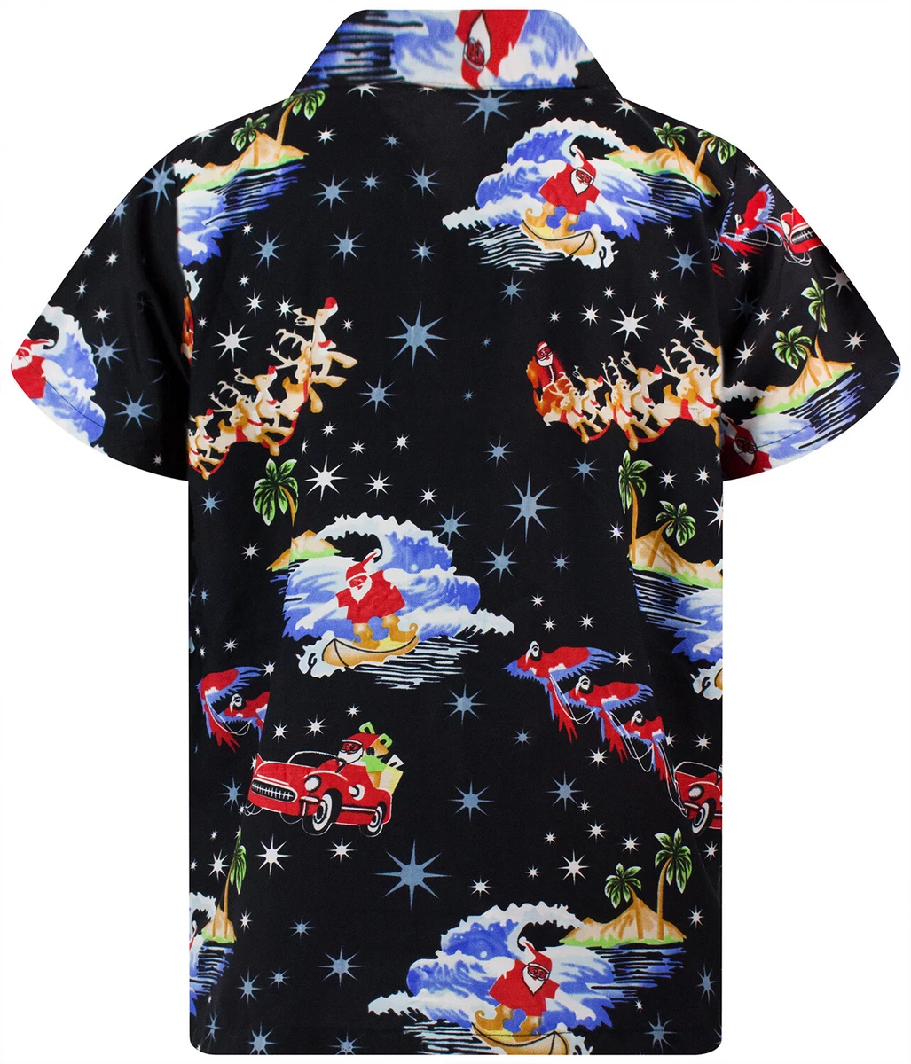 Camisa de Navidad Camisa de Hawai Christmas Surf Santa Negro