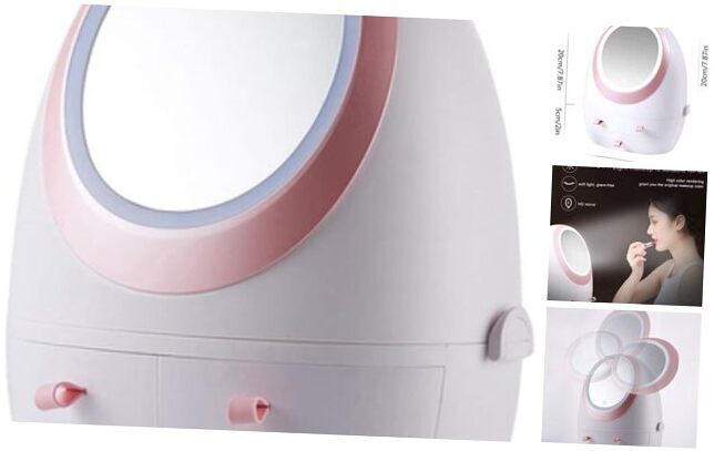 Portable LED Mirror Makeup Storage Box White Oval Vanity Organizer-image