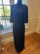 882 Badgley Mischka Womens Black Beaded Short Cap Sleeve Cape Gown Dress S 10