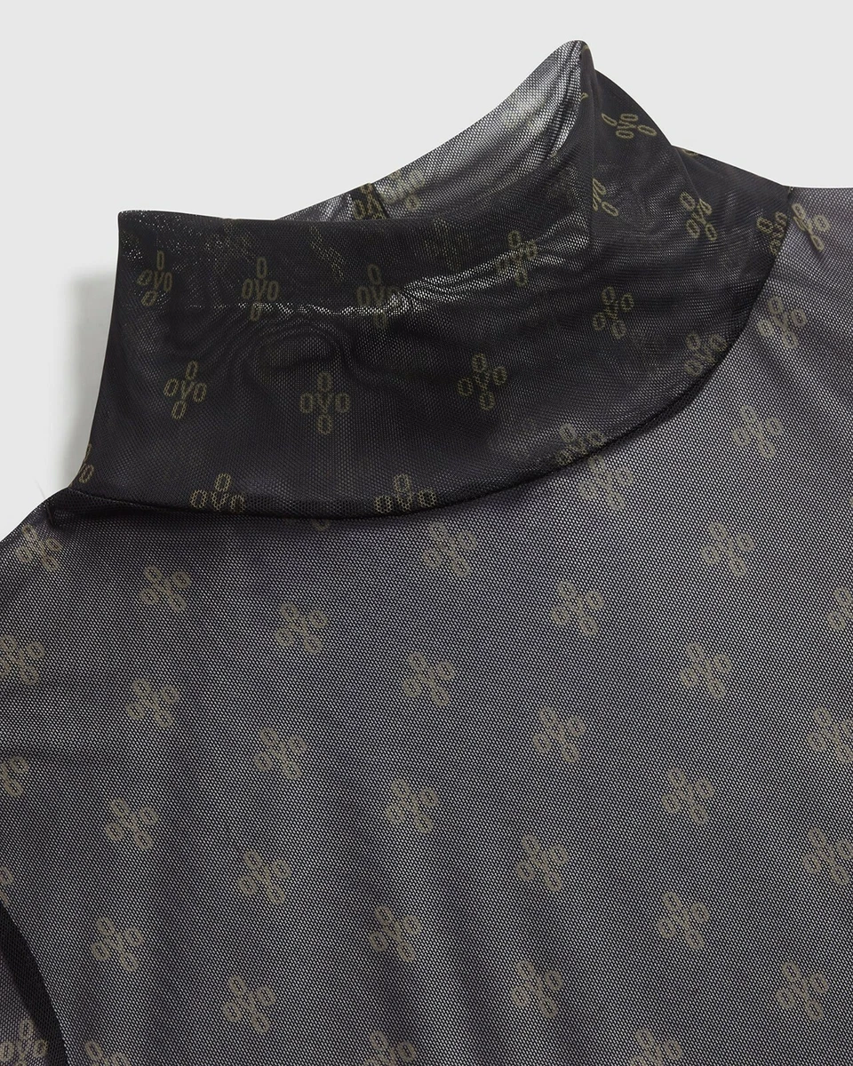 OVO Women s Mock Turtleneck Monogram Mesh Pom Pom Black Gold Large