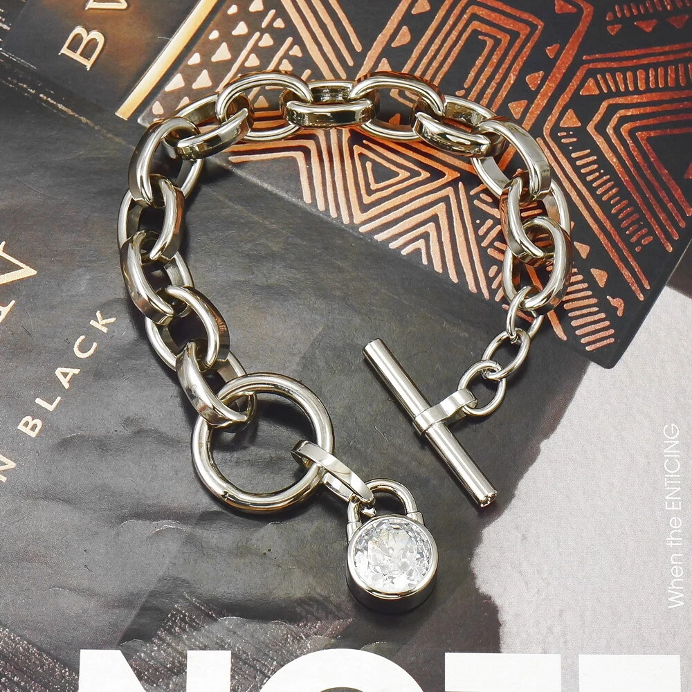 Bracciale Michael Kors Zirconi Lucchetto Catena Link Toggle Tono Argento Nuovo senza etichette