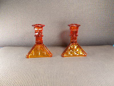 Tiara Crystal Amberina Constellation Sunset Pair of Triangular Base Candlesticks