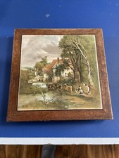 Vintage Pastoral Scene Framed Tile Made In USA Trivet. Tile Art Nature 7.5โ
