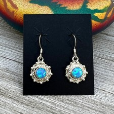 Dainty blue Opal Dangle earrings, small handmade Sterling Silver