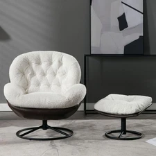 Swivel Accent Chair with Ottoman, Mid Century Modern Faux Fur Lounge Chair with