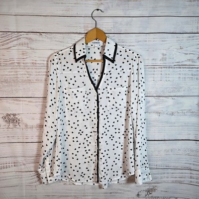 Express Portofino Heart Print Button Front Blouse White Black Size Small