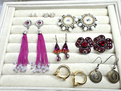 8 Pair Earrings- rhinestone Gold red pink 1990s VTG Pierced Lot-1 Signed Avon SP