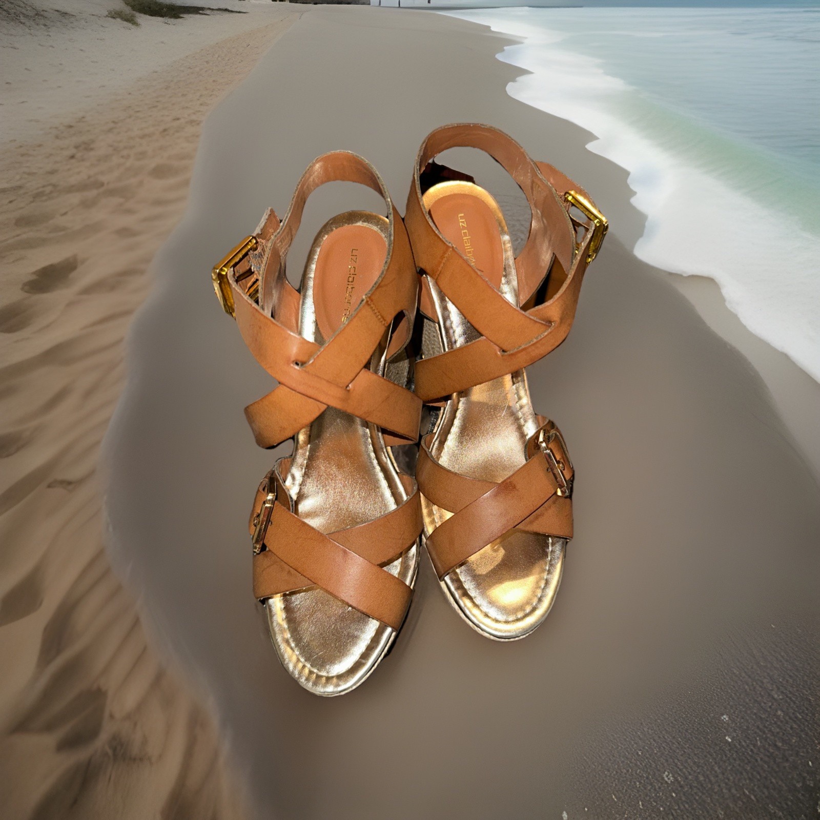 Liz Claiborne Sandals Sz 7.5 M (B)Espadrille Wedge AnkleStrap Brown Faux Leather