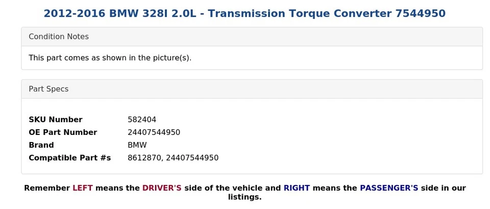 BMW 328I 2012-2016 2,0 L - Convertidor de par de transmisión 7544950 Foto 3 de 4