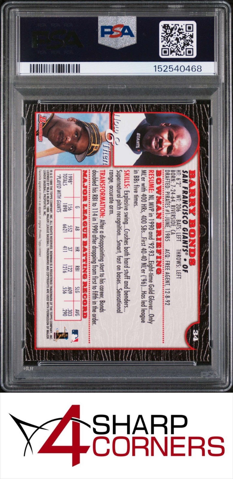 1999 BOWMAN #34 BARRY BONDS GIANTS PSA 10 view 2