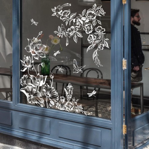 White Lotus Flower Window Clings Spring Summer Floral Birds Window Decals Ant... - Picture 3 of 5