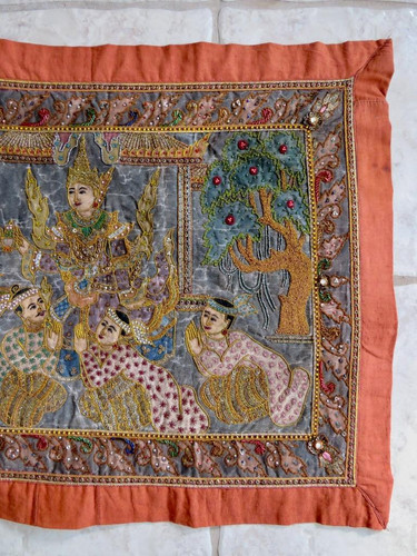 Antique Burmese Kalang Tapestry FAB Hand Embroidered Beads Gold Thread 42x23" - Picture 3 of 12