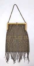 Antique French Steel Cut Micro-Beaded Purse Bag Art Nouveau Floral Fringe