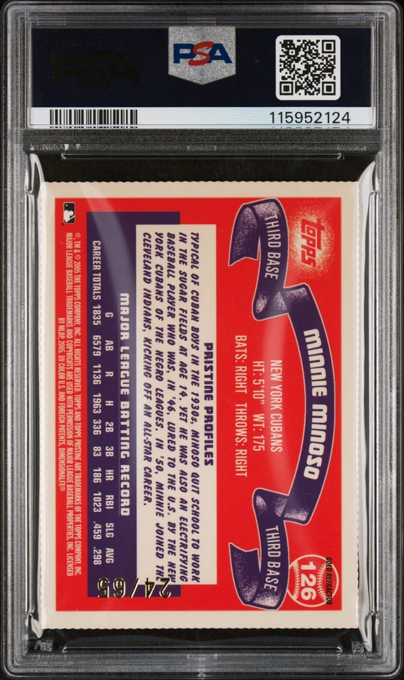 2005 TOPPS PRISTINE LEGENDS GOLD REFRACTOR #126 MINNIE MINOSO 24/65 PSA 10 - Image 2 of 2