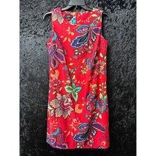 AGB Shift Dress Womens 10 Red Floral Boho Pom Pom Hem Sleeveless Artsy Tropical