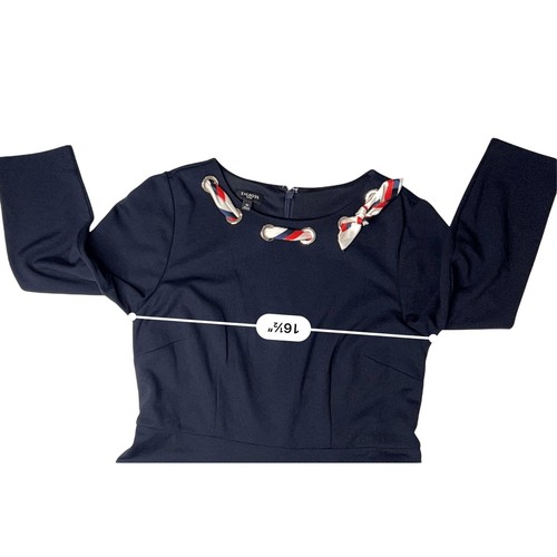 Talbots Petite Retro 50s Scarf Dress 3/4 Sleeve Navy Blue Ponte Fit & Flare 4P - Picture 6 of 12