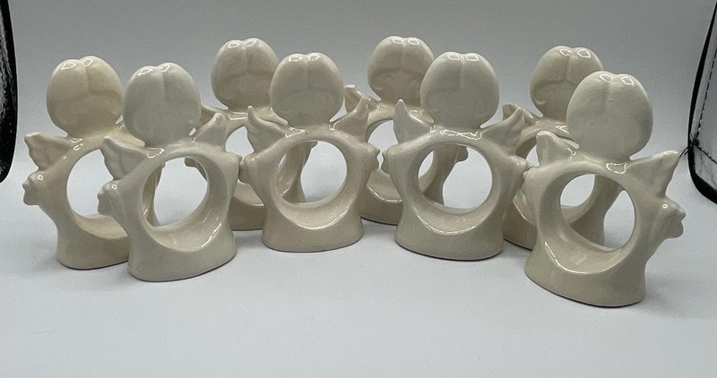 Vintage Set Of Ceramic Angel Napkin Ring Holders Linen Folds Standing 3.5x2.75"
