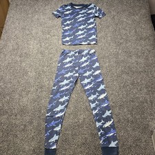 Member's Mark Pajama Set Kids 8 Navy Blue Shark Print Organic Cotton Fitting