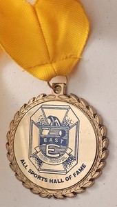 1980s EAST HIGH SCHOOL ALL SPORTS HALL-OF-FAME MEDALLION yellow ribbon