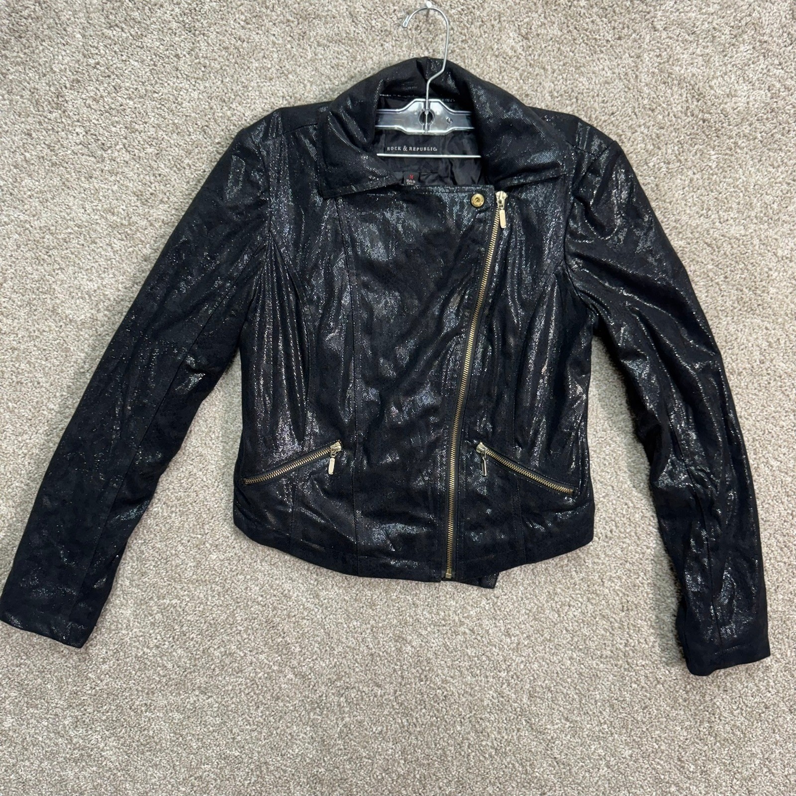 Rock Republic Womens Black Faux Leather Moto Jacket Rhinestone Size Medium