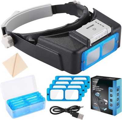 Lupa de diadema recargable con 4 lentes de 1,5X a 3,5X y visera de aumento manos