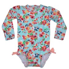 RuffleButts Swimsuit Kids 3T Aqua Floral Long Sleeve Rash Guard Cottagecore