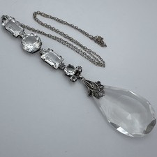 DAZZLING ANTIQUE ART DECO STERLING SILVER QUARTZ ROCK CRYSTAL PENDANT NECKLACE