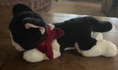 Russ Black and White Plush Cat With Red Velvet Bow, 13 