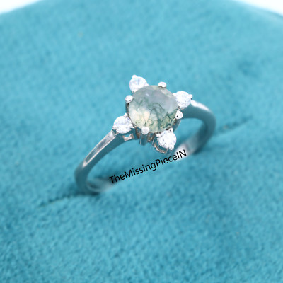 Natural Moss Agate Round Cut Statement Ring Unique Anniversary Ring Gift For Her