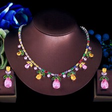 Silver Plated Leaf Multicolor Zirconia Drop Earrings Necklace Bridal Jewelry Set