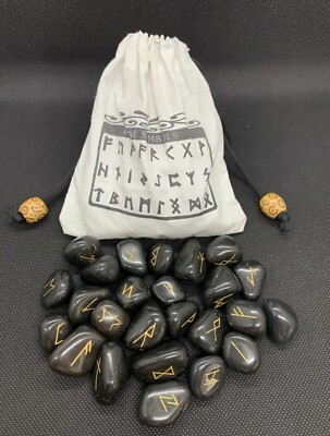 Set of 25 Black Agate Rune Stone and FREE Velvet Storage Pouch