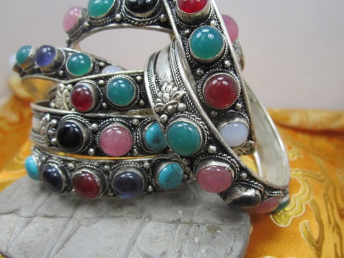 USA Seller Unisex Unique 1/2" Wide 5 Colored Stones Cuff Bracelet Nepal - Picture 8 of 13