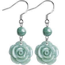Grade A Natural Green Jade Jadeite Gems Carved Rose Flower Silver Hook Earrings