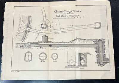 Vintage Engineering Book Plate Connection of Tunnel with Distributing Reservoir