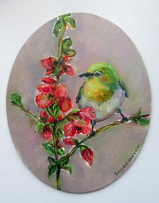 Bird Original Painting Oil Oval Floral Apple Blossom Impressionistic Wall Art