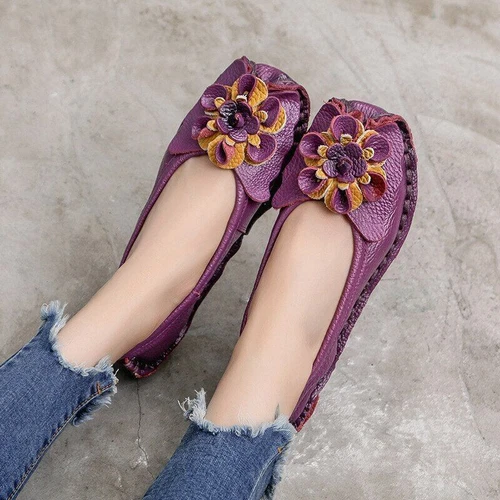 Leather Flat Shoes Women Flats with Flowers Ladies Soft Shoes Loafers Slip On - Imagen 14 de 21