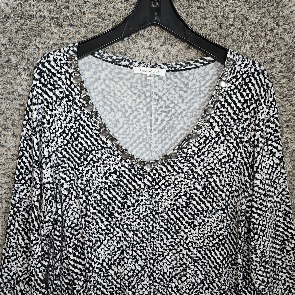 Top Rosa + Oliva Mujer Plus 1X Negro Estampado Manga Larga Cuentas Informal Damas Foto 4 de 4