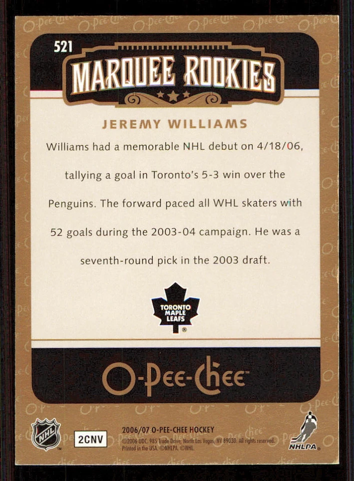 2006-07 O-Pee-Chee #521 Jeremy Williams RC - Image 2 of 2