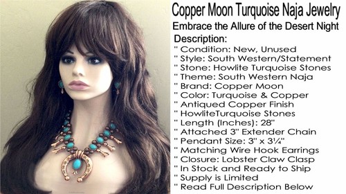 Copper Moon Set Necklace & Earrings Turquoise Squash Blossom Jewelry Naja Faux' - Picture 2 of 14